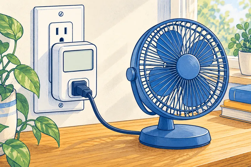 Illustration of a plug-in usage monitor between a wall outlet and a desk fan