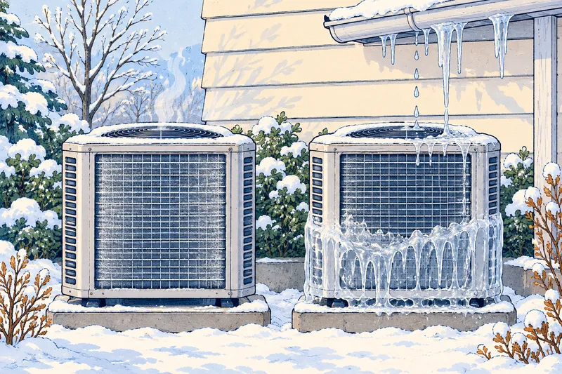 Illustration comparing two heat pump outdoor units: one with a thin, even layer of white frost, and one encased in thick, clear ice under a dripping gutter