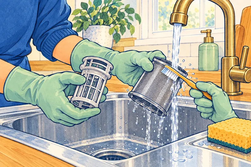 Illustration of gloved hands rinsing the two parts of a dishwasher filter under a faucet and cleaning the mesh with a soft toothbrush