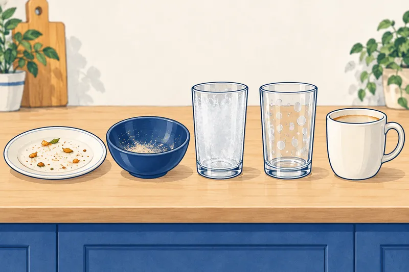 Illustration of five dishes on a counter, each with a different residue: food bits on a plate, sandy grit in a bowl, a milky haze on a glass, water spots on a glass, and a tea stain in a mug