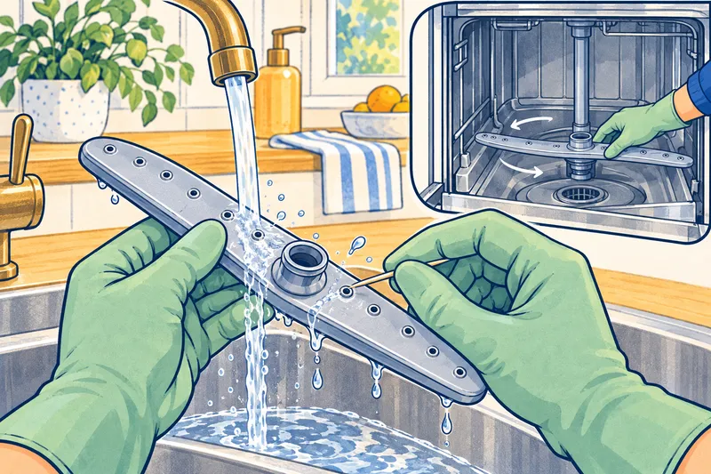 Illustration of gloved hands clearing a dishwasher spray arm hole with a toothpick under a running faucet, with an inset of a hand spinning the arm inside the dishwasher