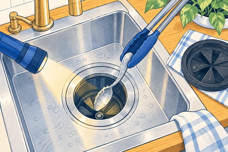 Illustration of kitchen tongs lifting a spoon out of a garbage disposal opening while a flashlight shines in, with the splash guard set aside