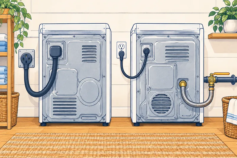 Side-by-side illustration of the back of an electric dryer plugged into a large wall outlet, and a gas dryer connected to a gas pipe with a shutoff valve handle lined up with the pipe