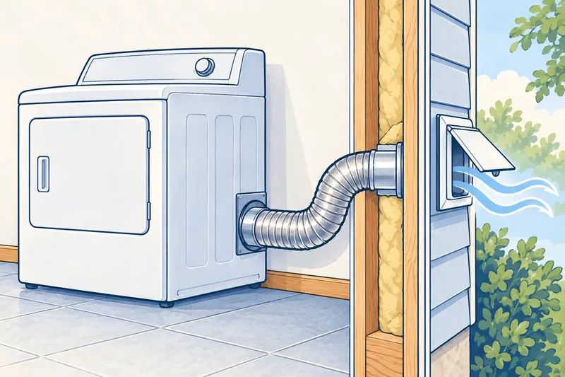 Cutaway illustration of a dryer connected by a short metal duct through the wall to an outdoor vent hood with its flap open and air flowing out
