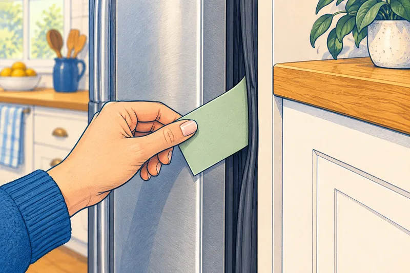 Illustration of a hand pulling a slip of paper from a closed refrigerator door to test the door seal