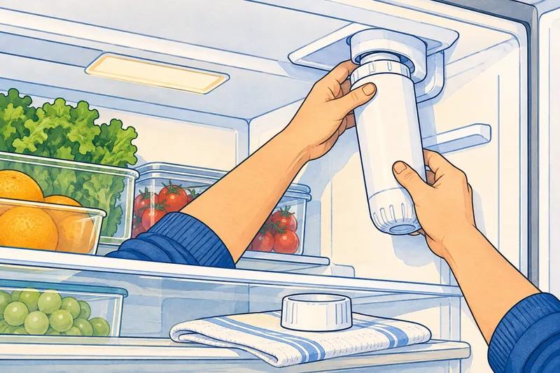 Illustration of two hands twisting a water filter cartridge into its housing in the upper corner of a refrigerator, with a small plastic cap on a towel below