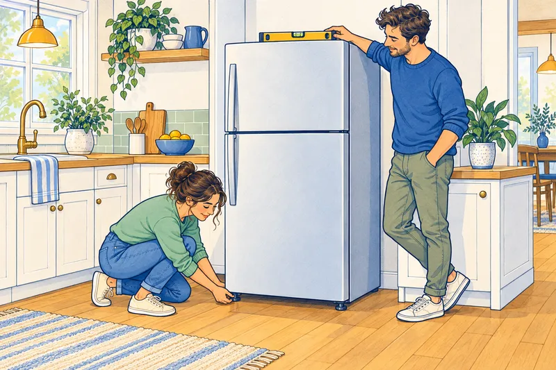 Illustration of two people leveling a refrigerator, one holding a bubble level on top and the other turning a leveling leg at the front
