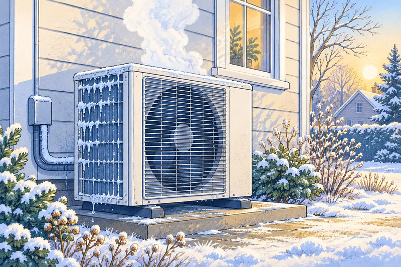 Illustration of a heat pump outdoor unit on a frosty morning with a cloud of steam rising from it during a defrost cycle
