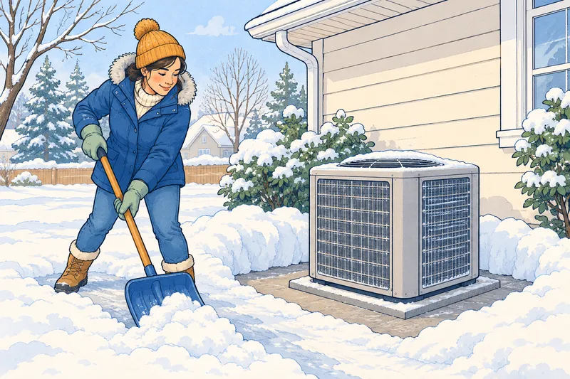 Illustration of a person in a winter coat shoveling snow away from the ground around a heat pump outdoor unit, leaving clear space on every side
