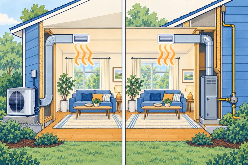 Two-panel illustration of identical rooms getting the same warmth: one from an outdoor heat pump fed by electricity, one from a gas furnace fed by a gas line