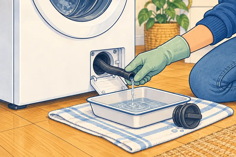 Close-up illustration of a gloved hand draining water from the small drain tube behind a front-load washer's lower access cover into a shallow pan, with the round filter cap nearby