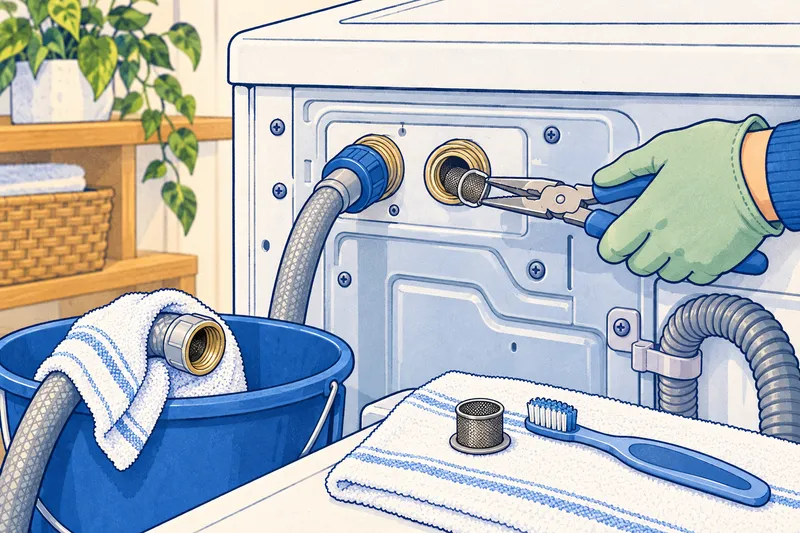 Illustration of needle-nose pliers pulling a small mesh filter screen out of a washer water inlet, with the disconnected hose resting in a bucket and a toothbrush nearby