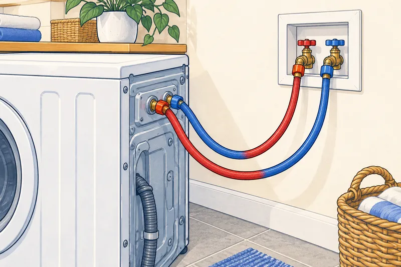 Illustration of hot and cold supply hoses running in smooth curves from a wall faucet box to the back of a washer, with no kinks