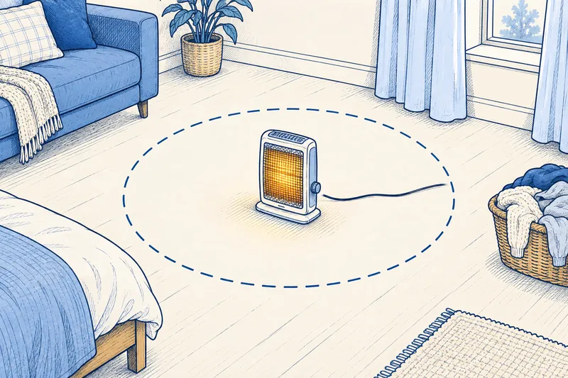 Illustration of a space heater in the middle of a room inside a dashed circle, with the sofa, curtains, bed and laundry basket all outside the circle
