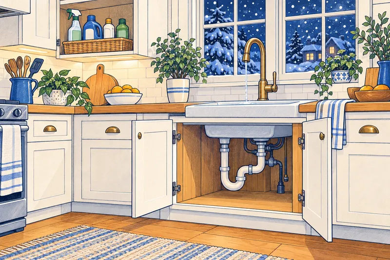 Illustration of a kitchen at night with the under-sink cabinet doors open, cleaning products moved to a high shelf, and a faucet dripping slowly while snow falls outside
