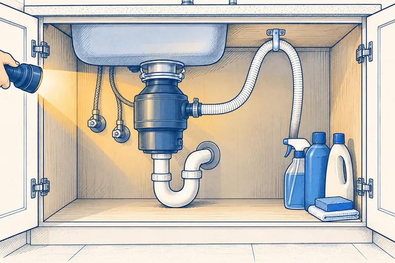 Illustration of an open sink cabinet: the ribbed dishwasher drain hose rises in a loop fastened under the countertop before it connects to the garbage disposal, with nothing pressing on it
