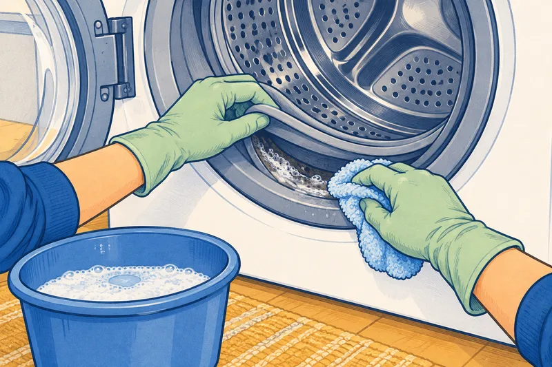 Close-up illustration of gloved hands pulling back the bottom of a front-load washer door gasket and wiping the groove underneath