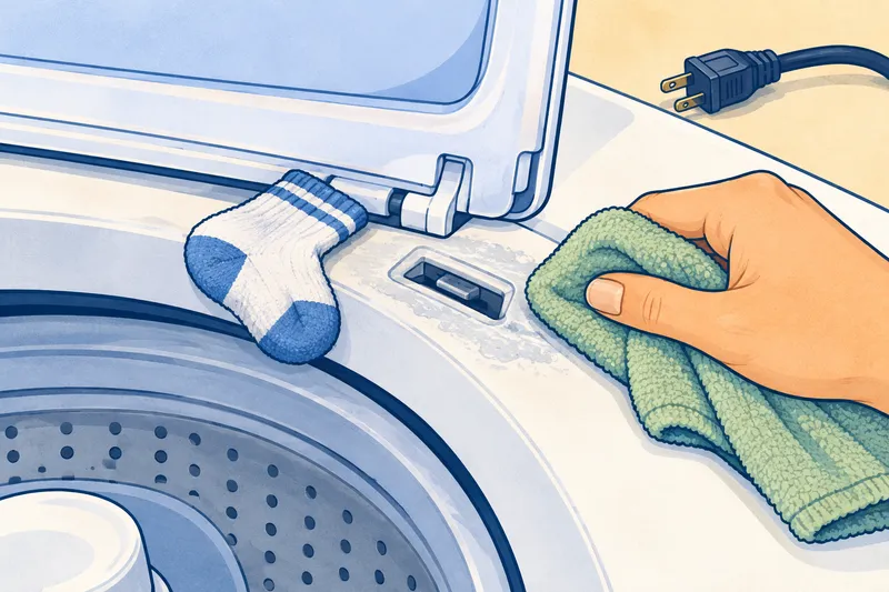 Close-up illustration of a sock caught near the lid lock on a top-load washer, with a hand ready to wipe away detergent residue