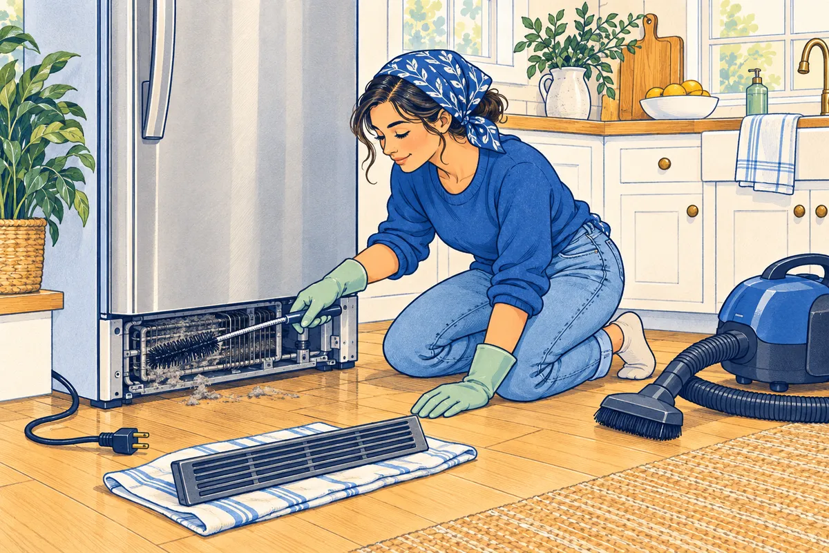 Illustration of a woman kneeling at an unplugged refrigerator with the base grille removed, cleaning the coils with a long brush while a vacuum sits ready