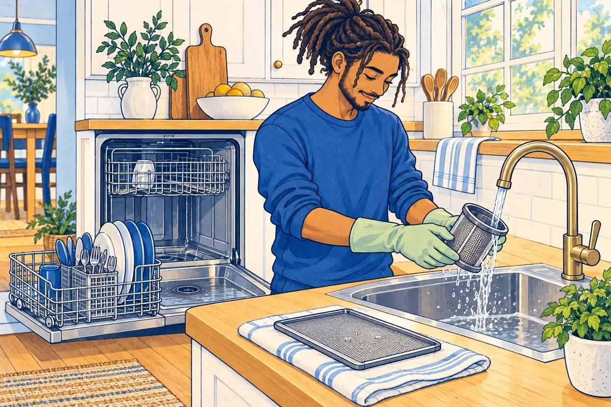 Illustration of a man in rubber gloves rinsing a cylinder-shaped dishwasher filter under a kitchen faucet next to an open dishwasher