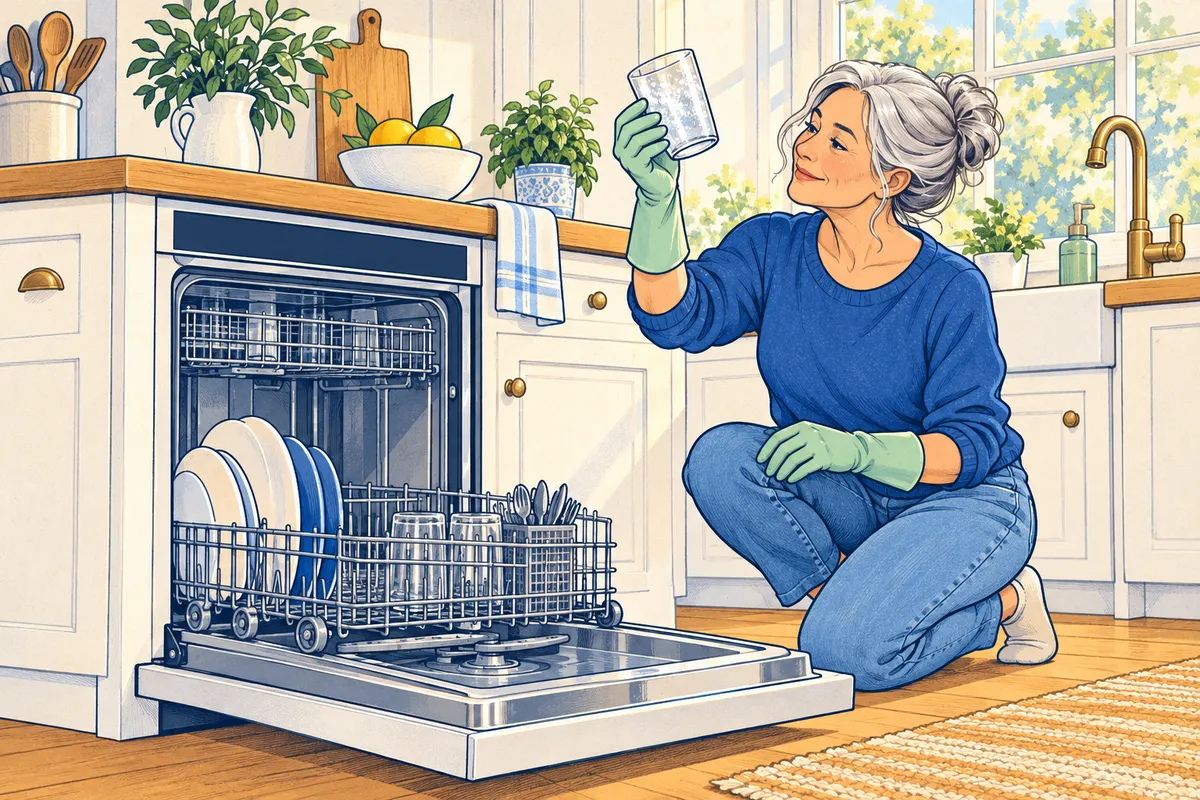 Illustration of a woman in rubber gloves holding a glass up to the window light to check it for a cloudy film, next to an open dishwasher