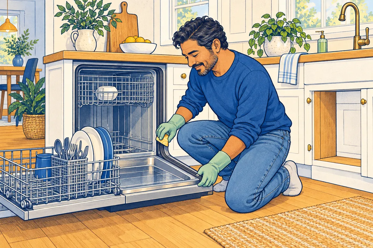 Illustration of a man in rubber gloves kneeling at an open dishwasher, wiping the rubber door gasket with a sponge