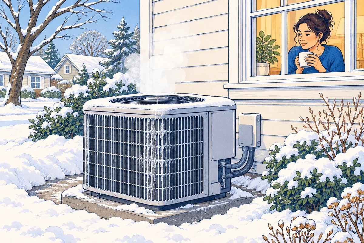 Illustration of a heat pump outdoor unit beside a house on a frosty morning, with steam rising from it during a defrost cycle while a person watches from a window