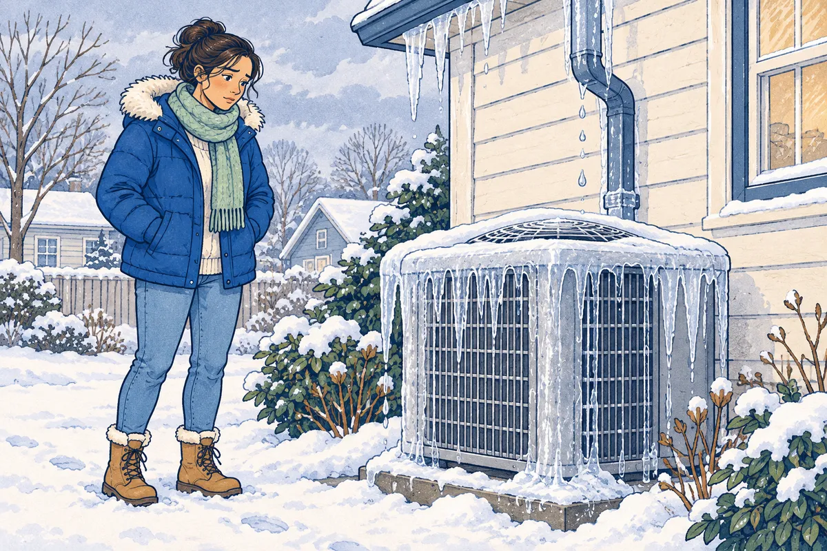 Illustration of a person in a winter coat standing back from a heat pump outdoor unit covered in thick ice under a dripping gutter