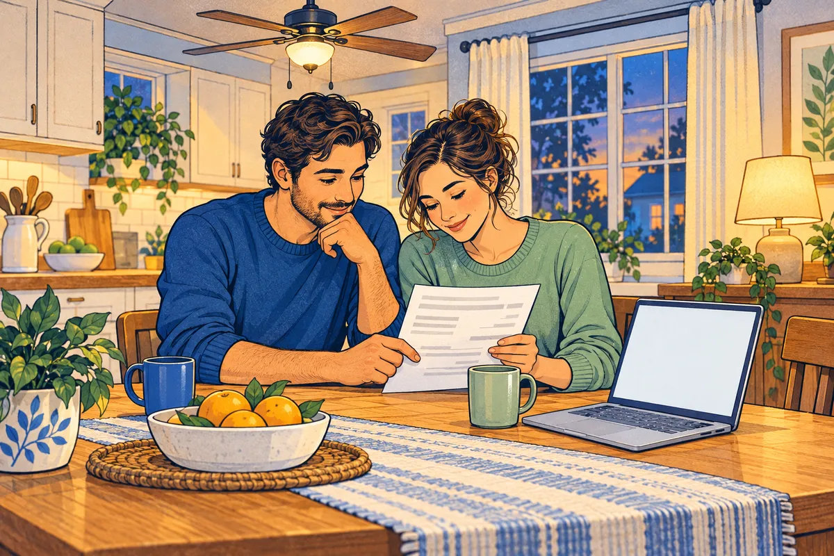 Illustration of a couple at a kitchen table reviewing an electric bill next to a laptop, with a ceiling fan and a lamp in the background