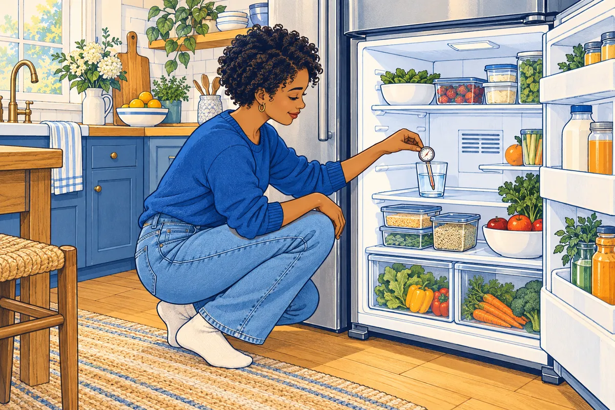 Illustration of a woman crouching at an open refrigerator, placing a thermometer in a glass of water on the middle shelf