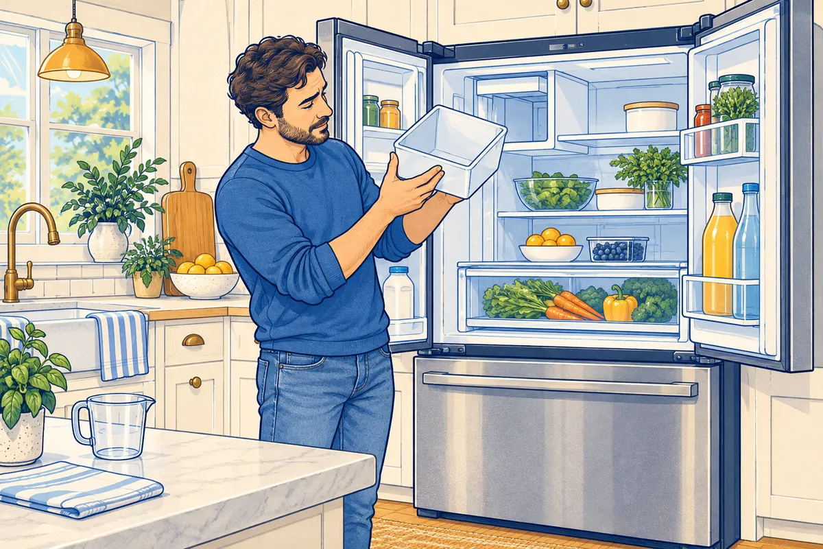 Illustration of a man at an open French door refrigerator looking into the empty ice bucket he lifted out of the fresh-food compartment