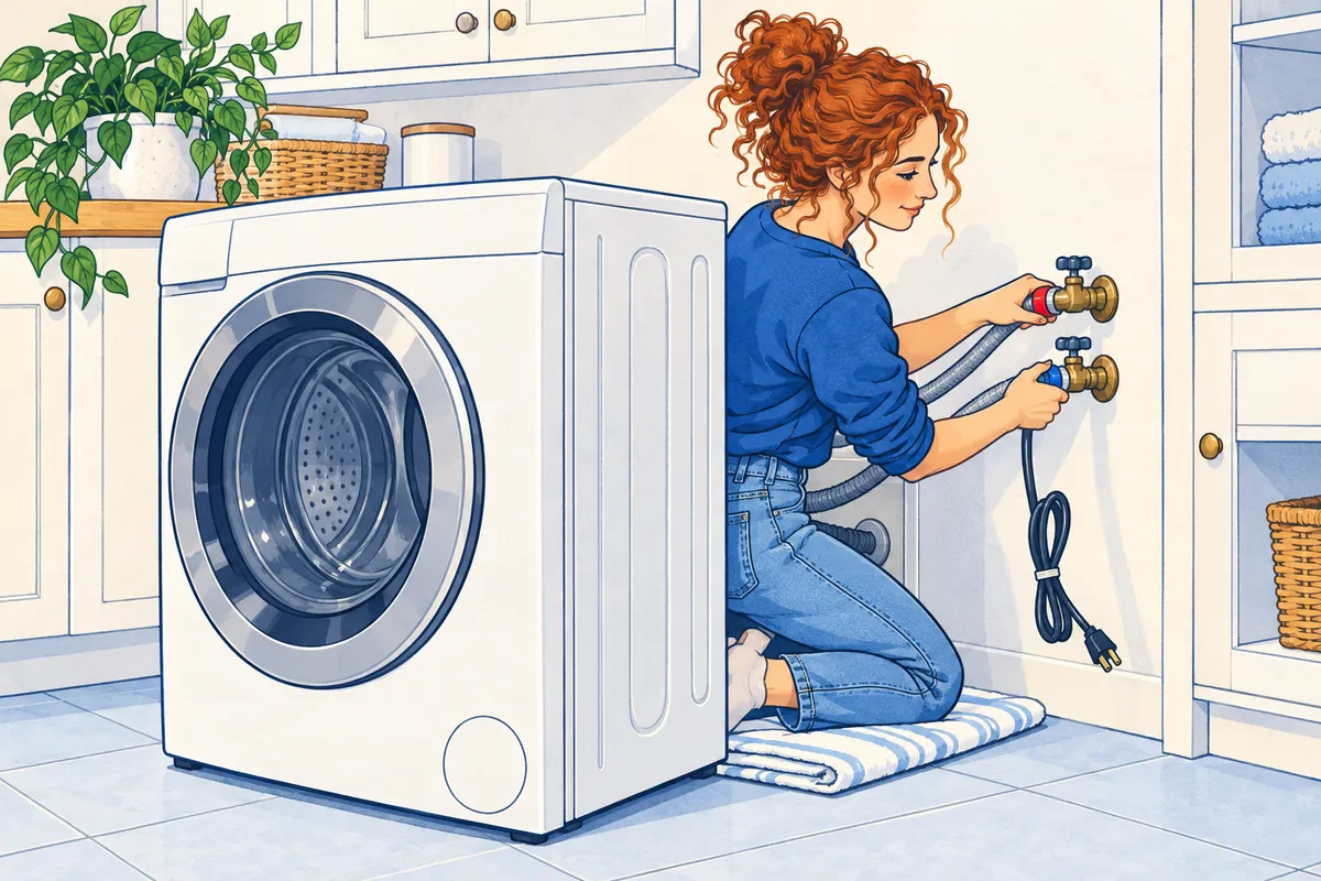 Illustration of a woman kneeling on a towel behind a front-load washer, checking the hot and cold supply hoses at the wall faucets