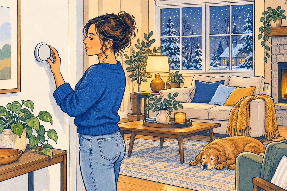 Illustration of a woman in a sweater adjusting a round wall thermostat in a living room while snow falls outside the window
