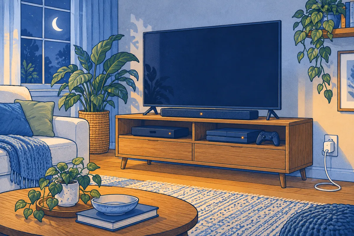 Illustration of a dark living room at night where a TV, cable box, game console and sound bar each show a small glowing standby light