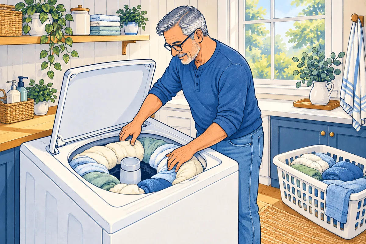 Illustration of a man spreading a bunched-up comforter and towels evenly around the basket of an open top-load washer