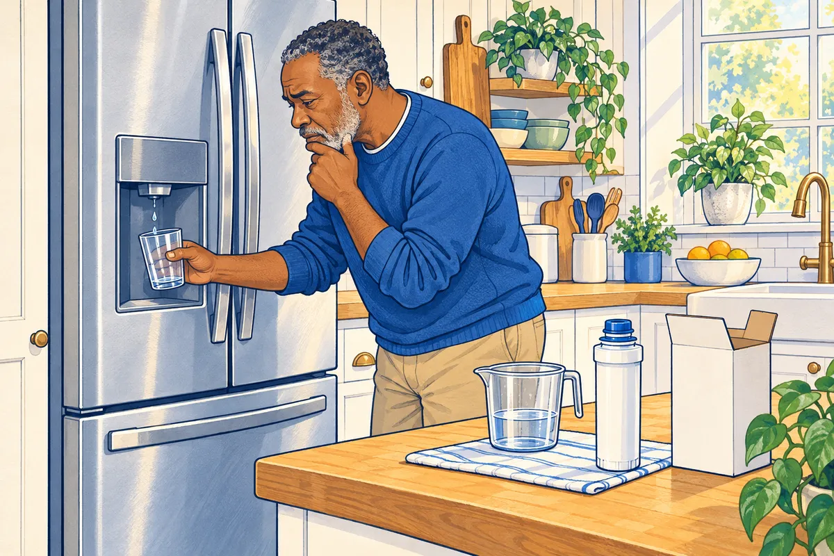 Illustration of a man holding a glass at a refrigerator water dispenser that gives only a few drops, with a new water filter on the counter